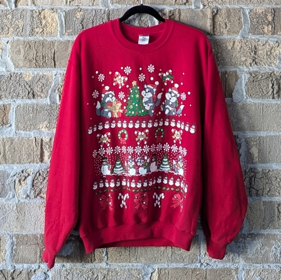 VTG 90s Y2K Holiday Christmas Kitty Cat Sweatshirt Size Medium - Picture 8 of 8